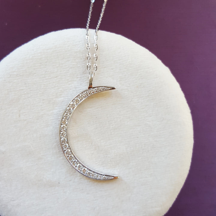 14K White Gold Crescent Moon Diamond Pendant