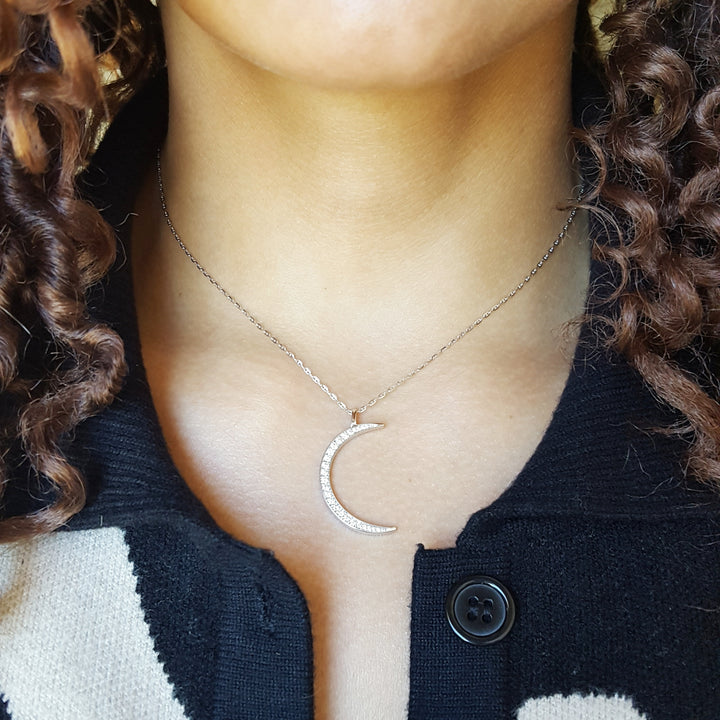 14K White Gold Crescent Moon Diamond Pendant