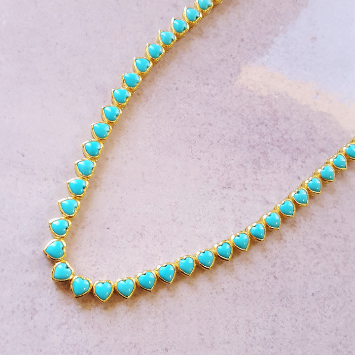 14K Yellow Gold Heart Shaped Turquoise Tennis Necklace