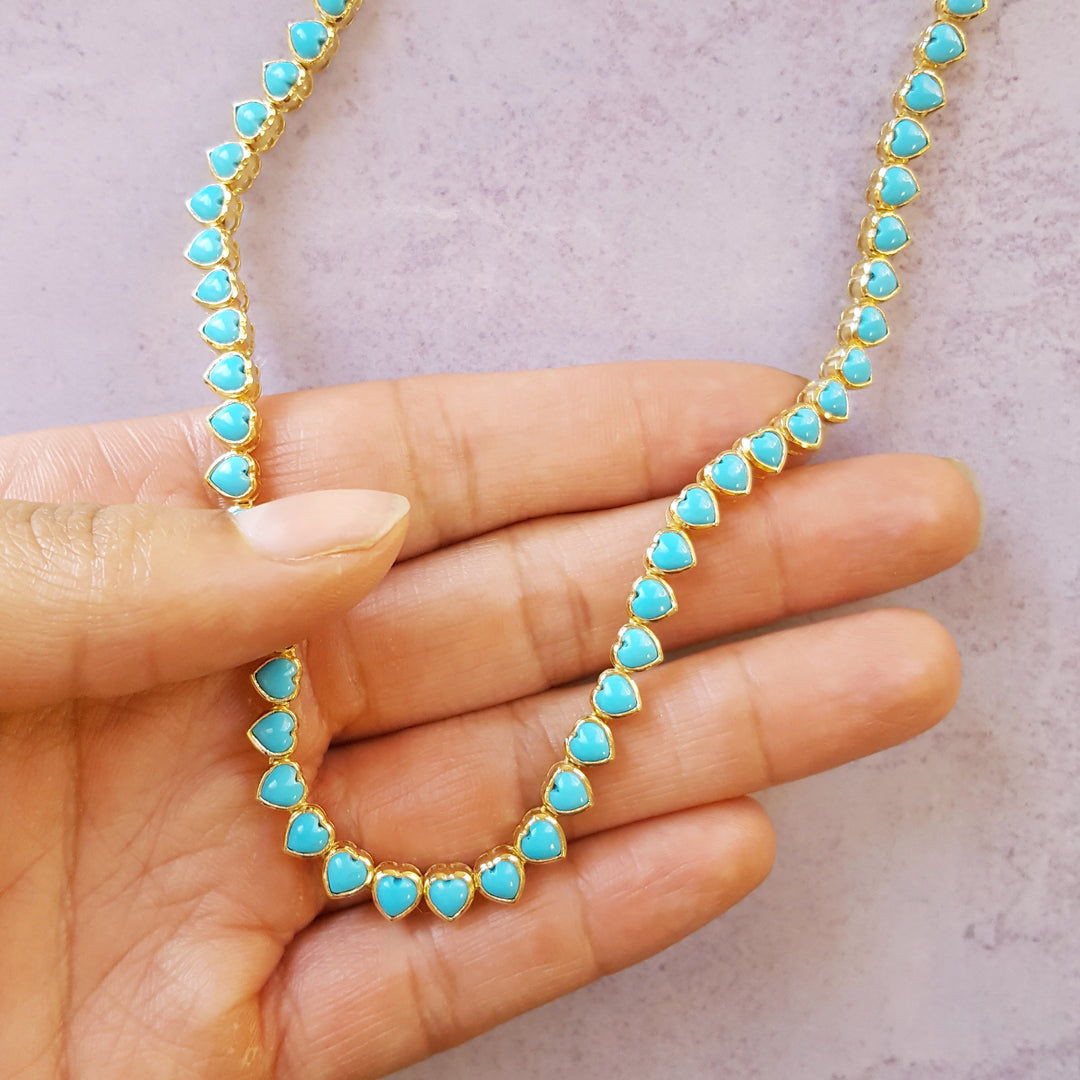 14K Yellow Gold Heart Shaped Turquoise Tennis Necklace