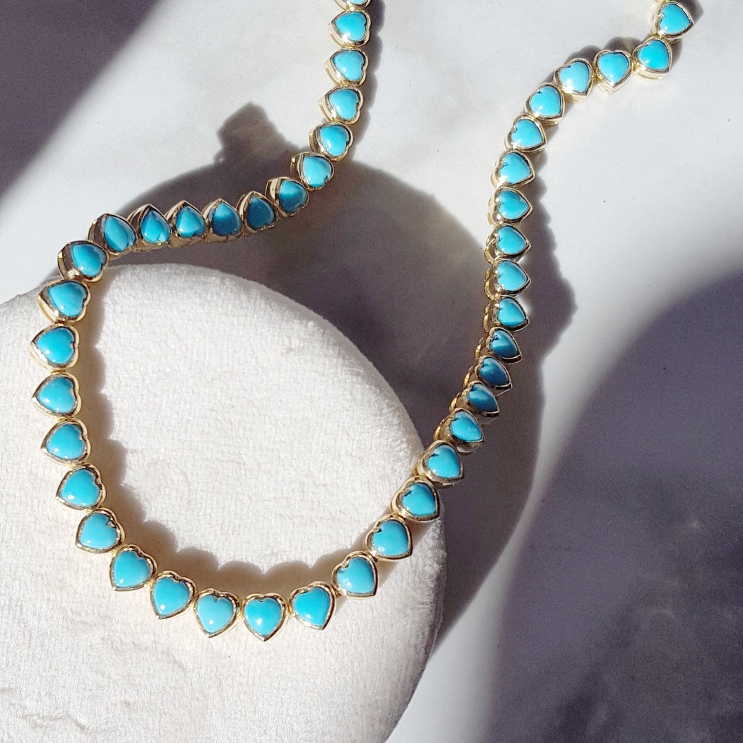 14K Yellow Gold Heart Shaped Turquoise Tennis Necklace