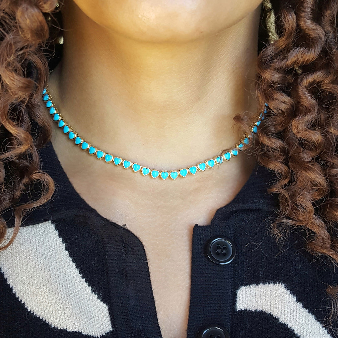 14K Yellow Gold Heart Shaped Turquoise Tennis Necklace