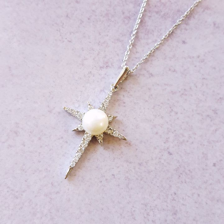 14K White Gold Pearl & Diamond Star Necklace