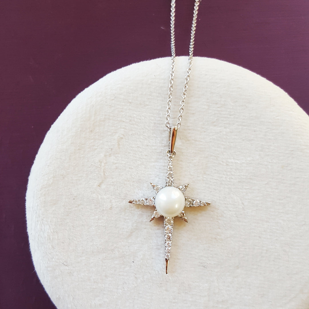 14K White Gold Pearl & Diamond Star Necklace