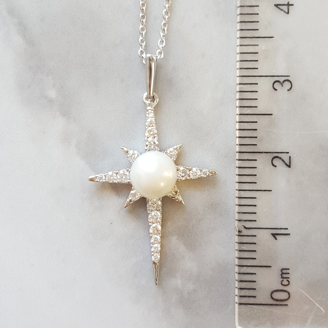 14K White Gold Pearl & Diamond Star Necklace