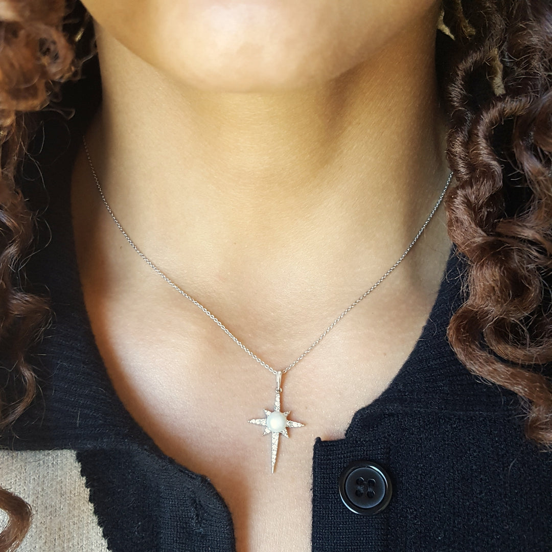 14K White Gold Pearl & Diamond Star Necklace