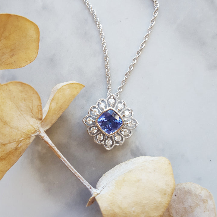14K White Gold Tanzanite Floral Pendant