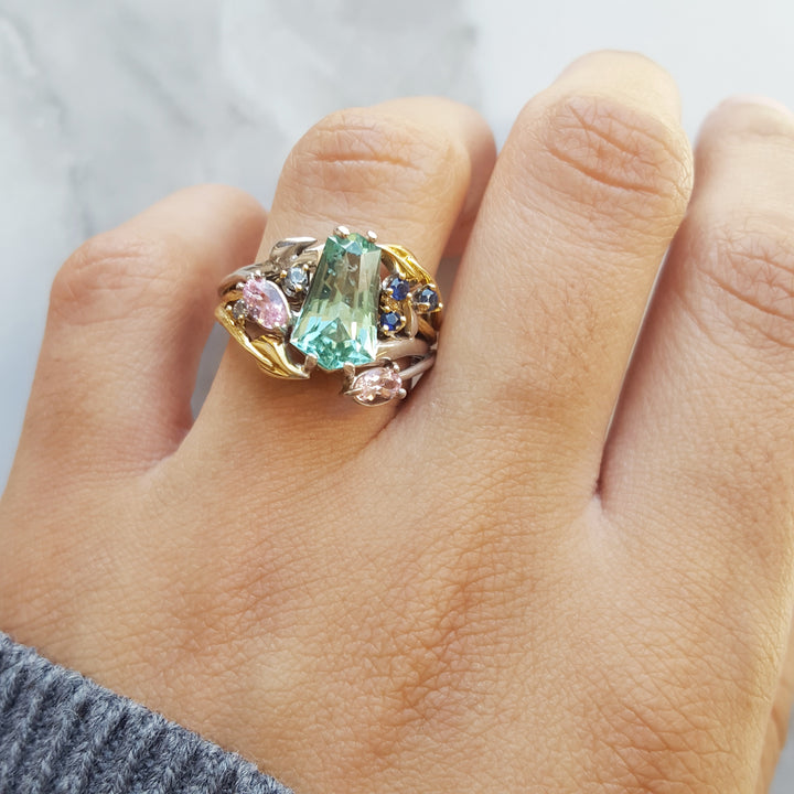 "Fields of Cali" - 14k Two Tone California Tourmaline and Montana Sapphire Nature Inspired Ring