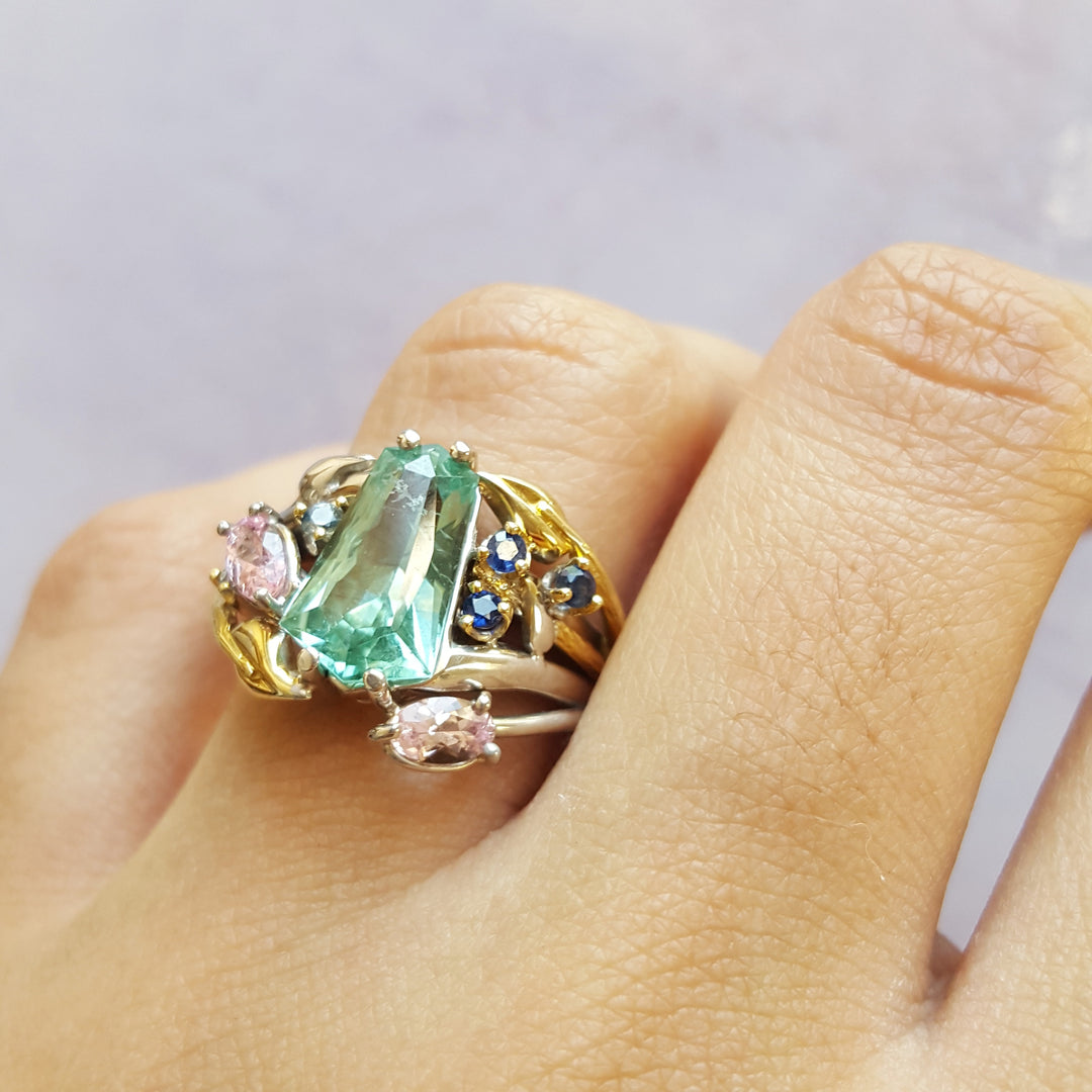 "Fields of Cali" - 14k Two Tone California Tourmaline and Montana Sapphire Nature Inspired Ring