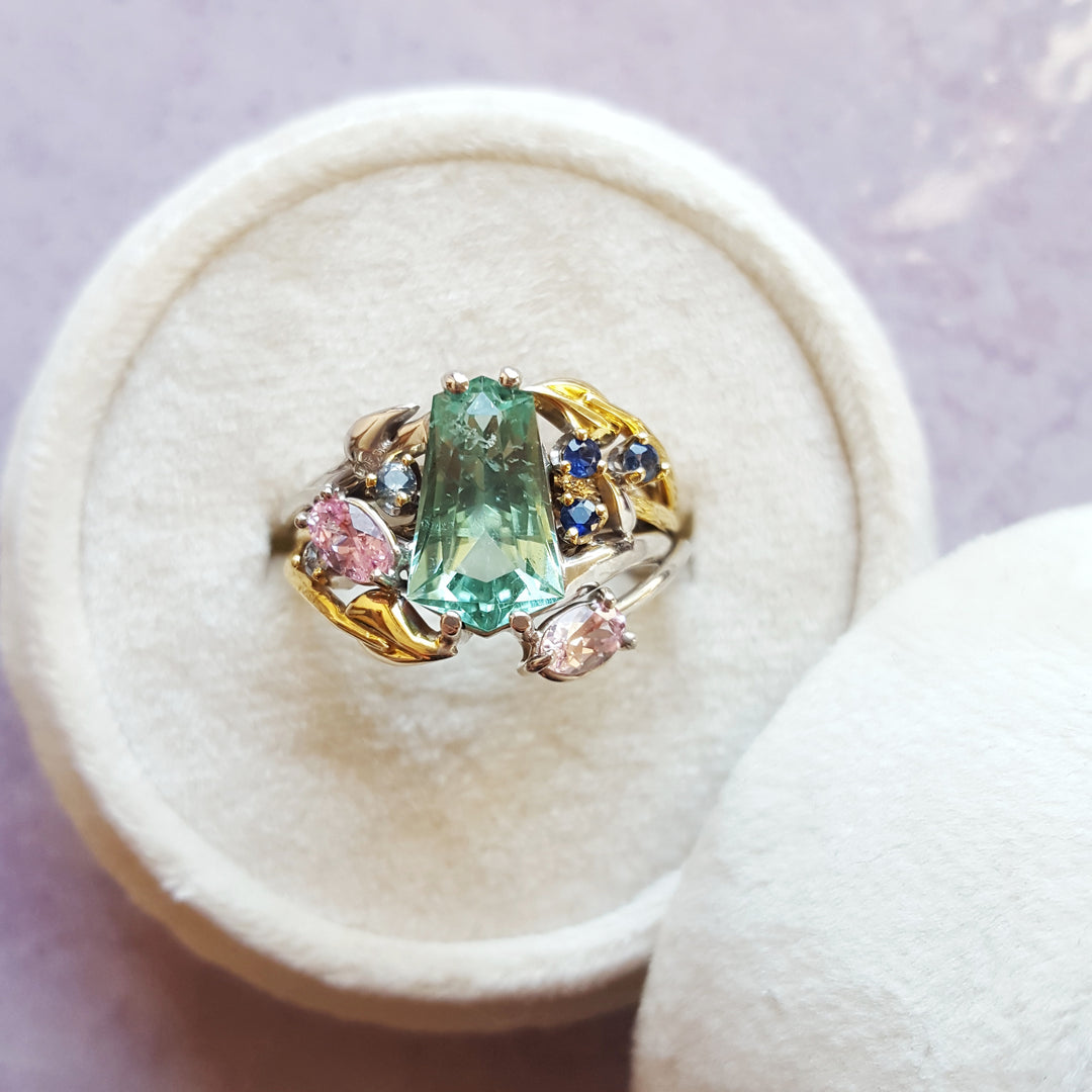 "Fields of Cali" - 14k Two Tone California Tourmaline and Montana Sapphire Nature Inspired Ring