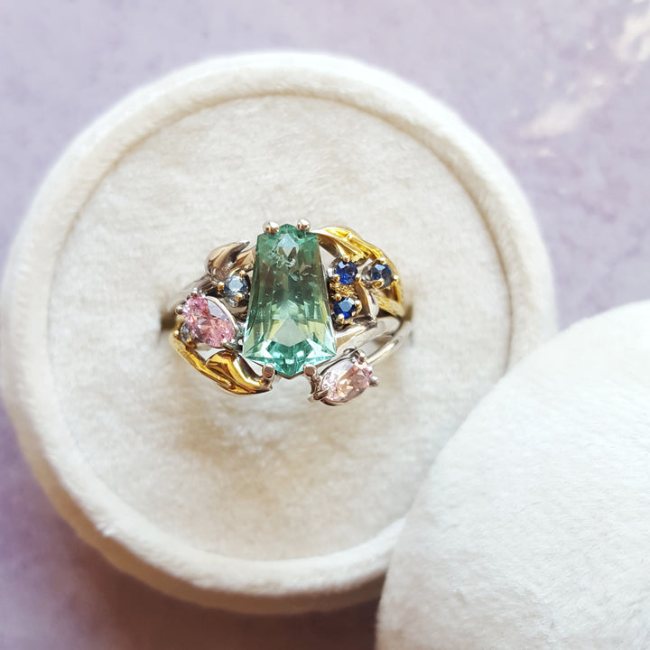 "Fields of Cali" - 14k Two Tone California Tourmaline and Montana Sapphire Nature Inspired Ring
