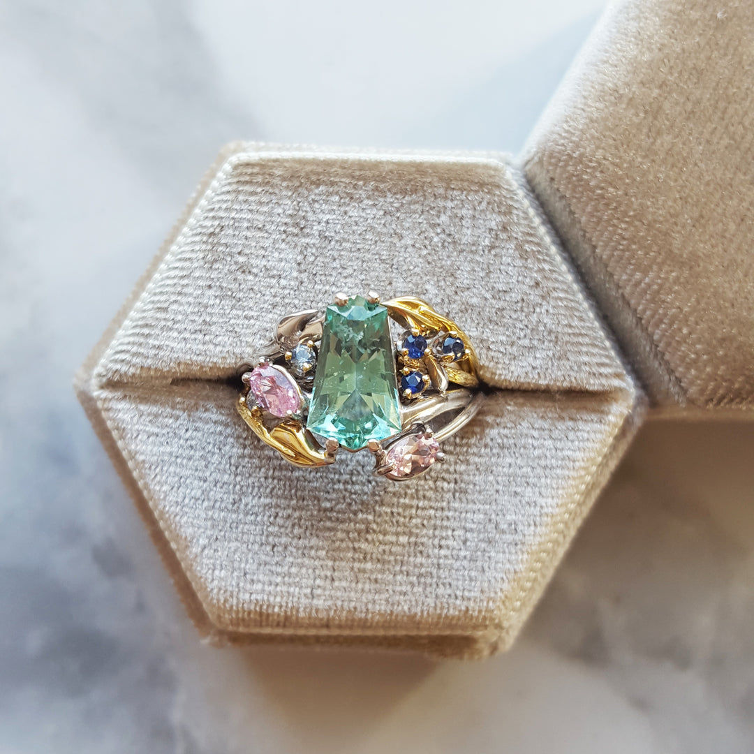 "Fields of Cali" - 14k Two Tone California Tourmaline and Montana Sapphire Nature Inspired Ring