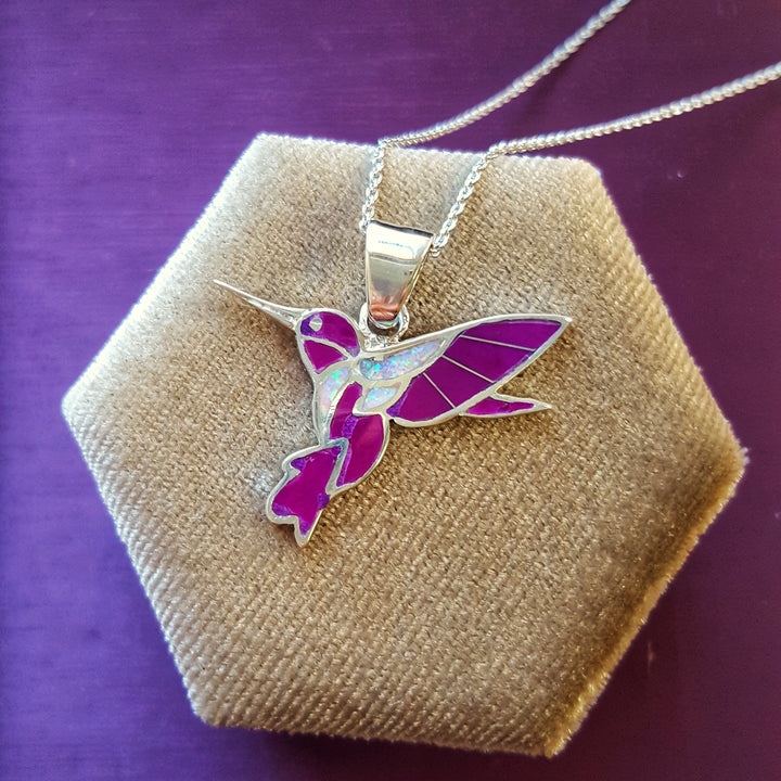 Arizona Sugilite Inlaid Fluttering Hummingbird Pendant