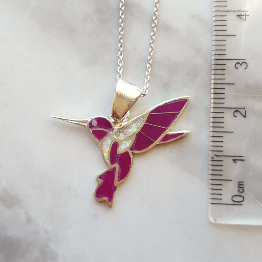 Arizona Sugilite Inlaid Fluttering Hummingbird Pendant
