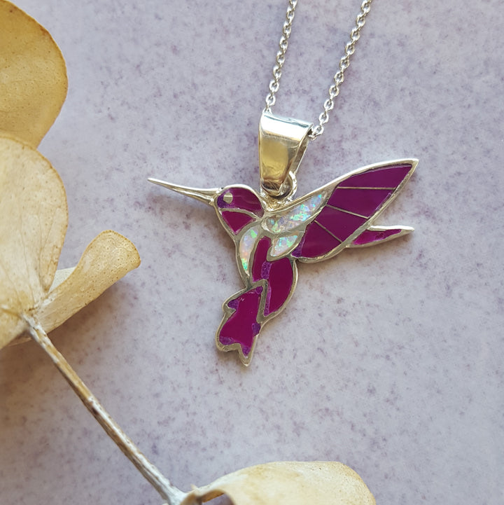 Arizona Sugilite Inlaid Fluttering Hummingbird Pendant