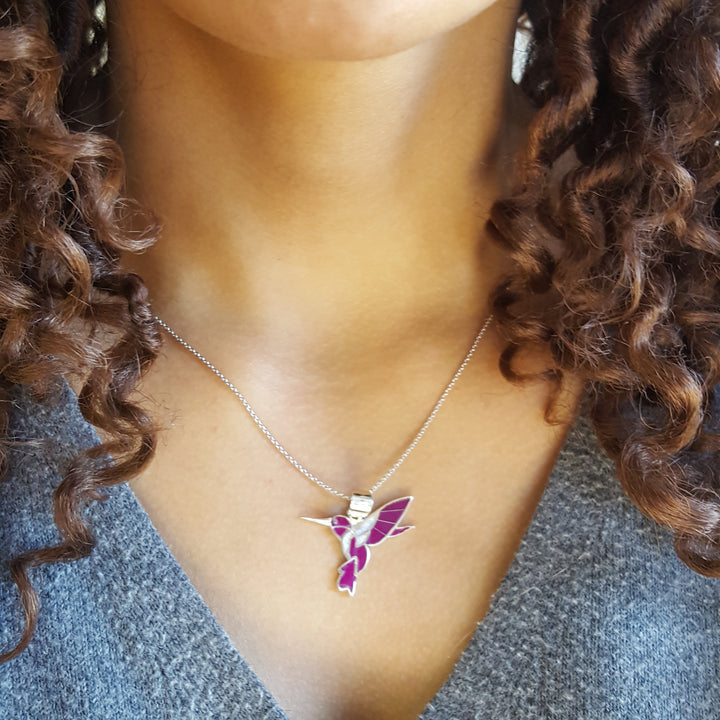 Arizona Sugilite Inlaid Fluttering Hummingbird Pendant