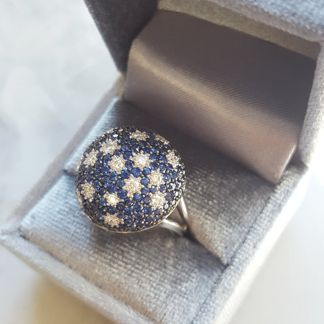 14K Whit Gold Vintage Inspired Sapphire Dome Ring