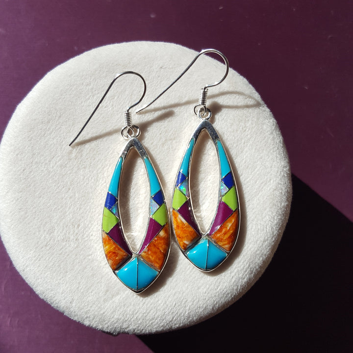 Sterling Silver Multicolor Southwestern Stones Inlay Earrings