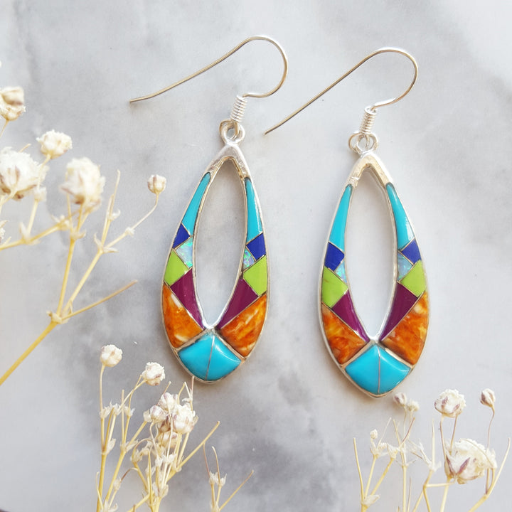 Sterling Silver Multicolor Southwestern Stones Inlay Earrings