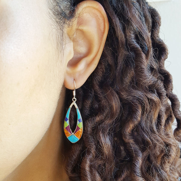 Sterling Silver Multicolor Southwestern Stones Inlay Earrings