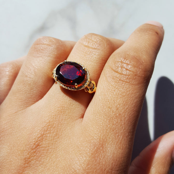 14K Yellow Gold Garnet Halo Ring