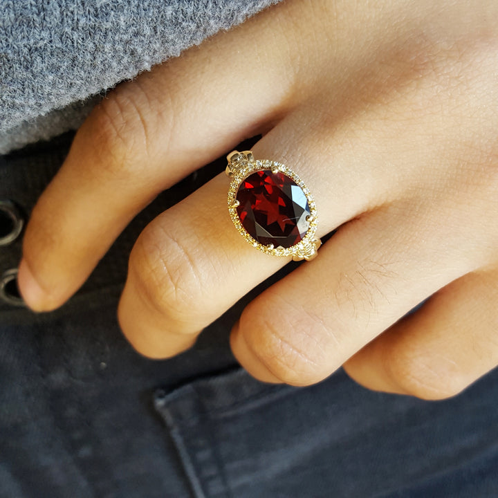 14K Yellow Gold Garnet Halo Ring