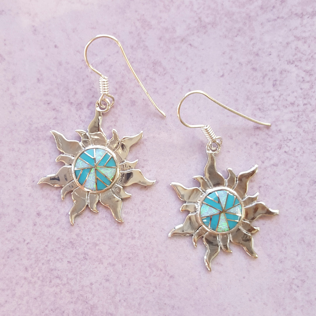 Arizona Turquoise and Inlaid Jewelry Sun Dangle Earrings