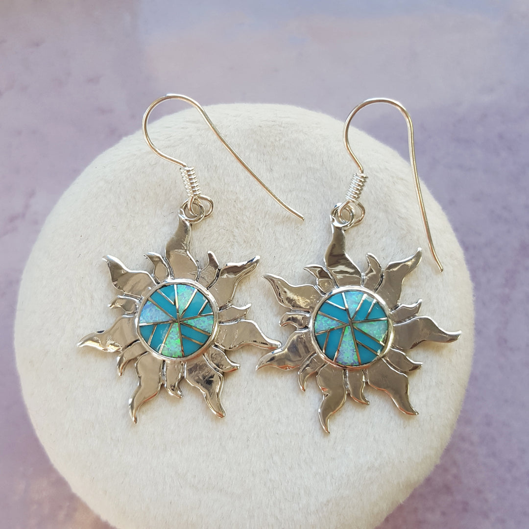 Arizona Turquoise and Inlaid Jewelry Sun Dangle Earrings