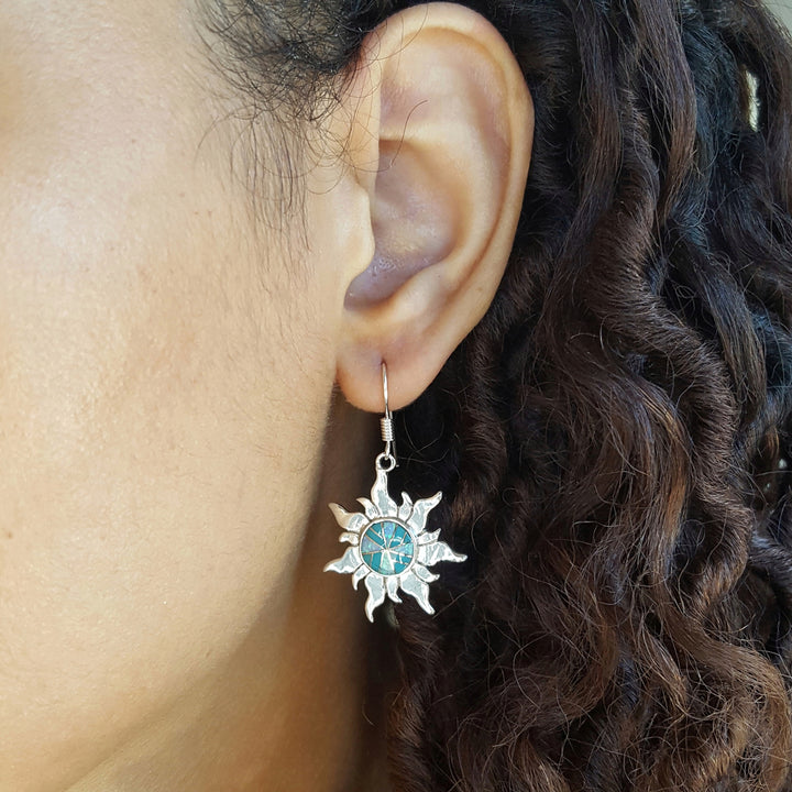 Arizona Turquoise and Inlaid Jewelry Sun Dangle Earrings