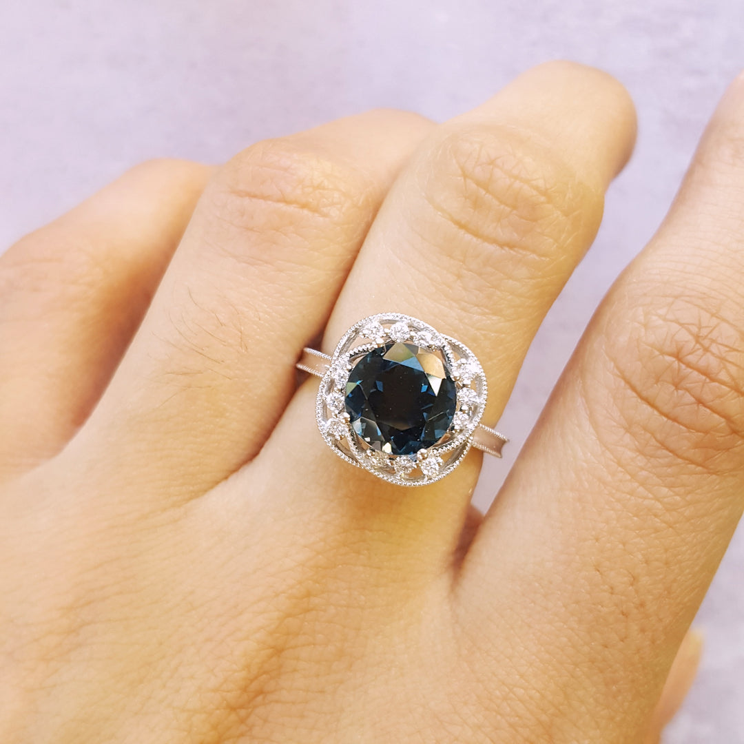 14K White Gold Vintage Inspired Blue Topaz Ring
