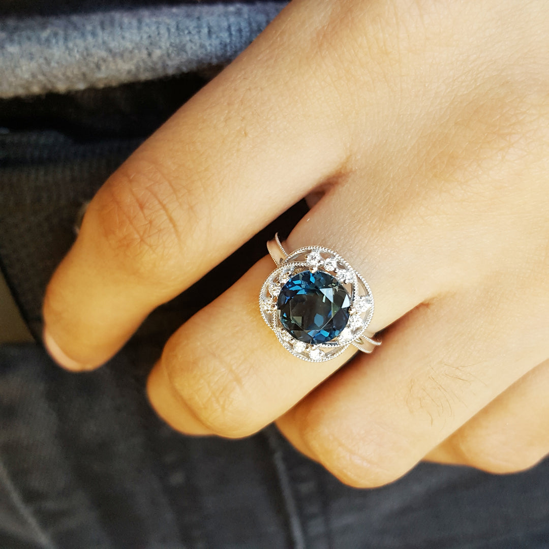 14K White Gold Vintage Inspired Blue Topaz Ring