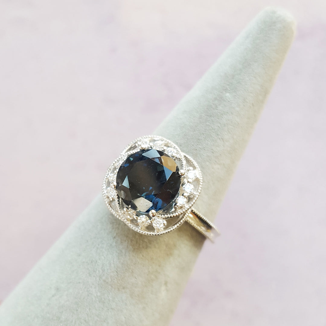 14K White Gold Vintage Inspired Blue Topaz Ring