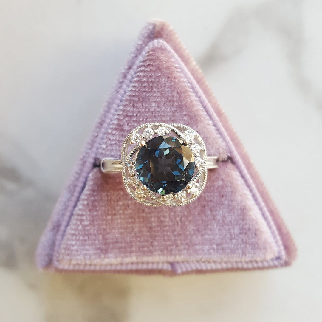 14K White Gold Vintage Inspired Blue Topaz Ring