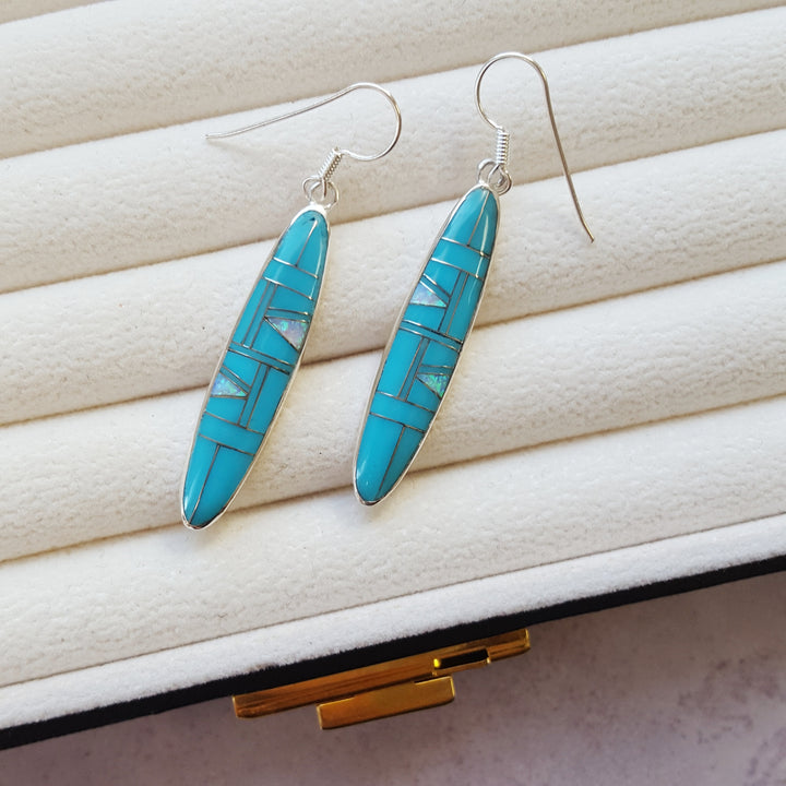 Arizona Turquoise and Inlaid Jewelry Turquoise Oblong Dangle Earrings