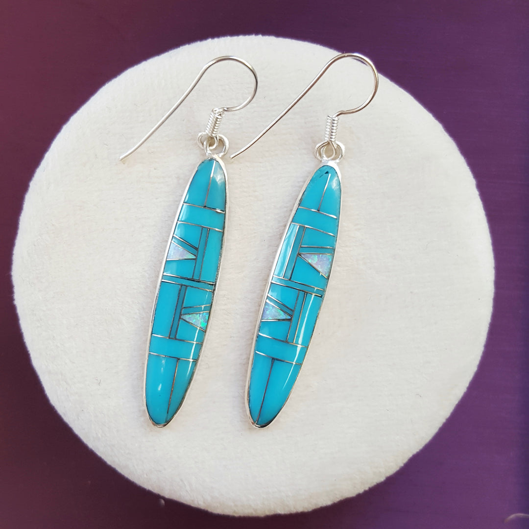 Arizona Turquoise and Inlaid Jewelry Turquoise Oblong Dangle Earrings