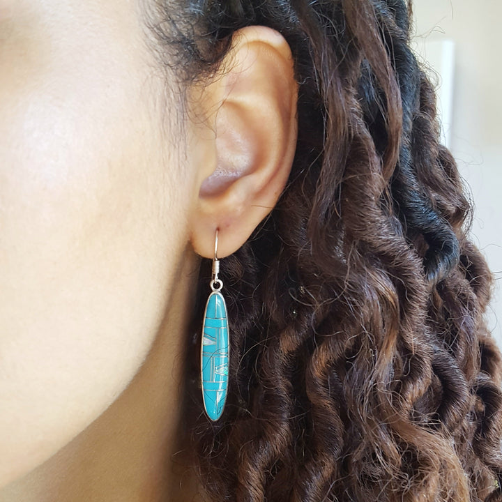 Arizona Turquoise and Inlaid Jewelry Turquoise Oblong Dangle Earrings