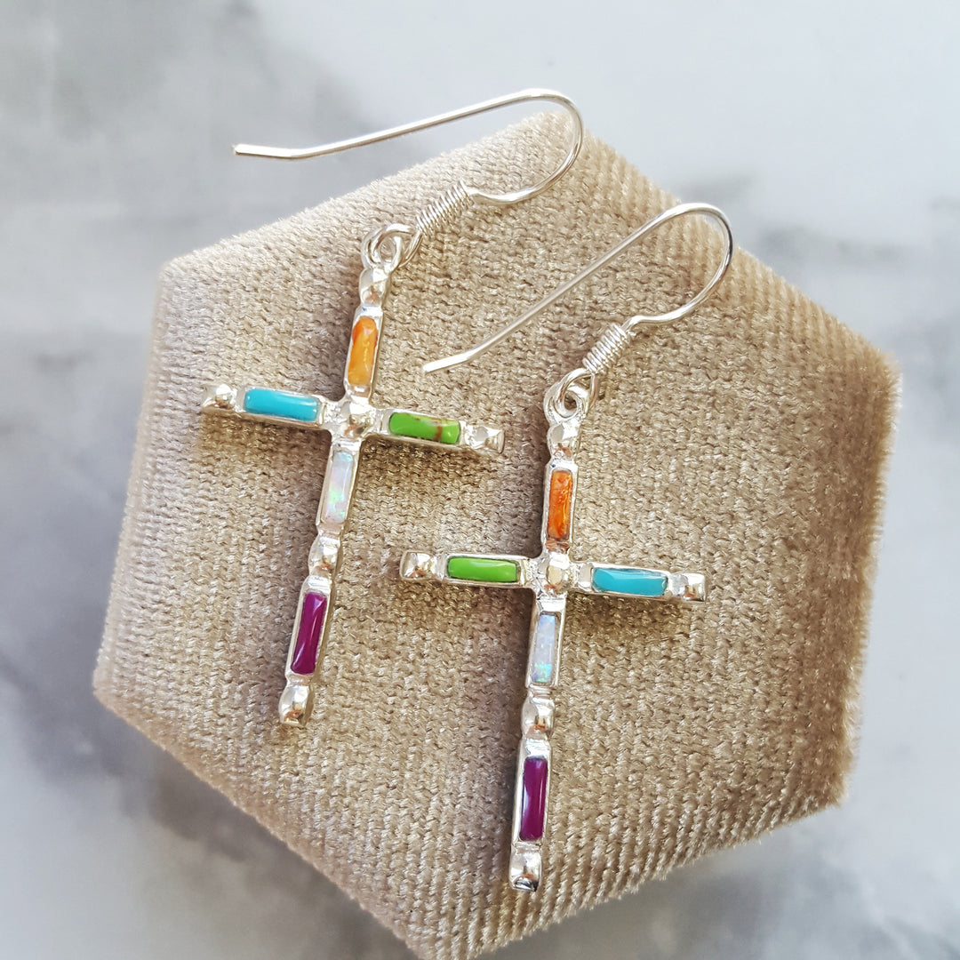 Reversible Sterling Silver Southwestern Multi Gem Cross Earrings