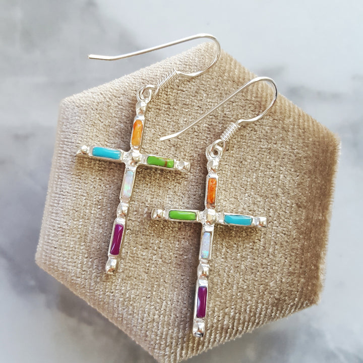 Reversible Sterling Silver Southwestern Multi Gem Cross Earrings