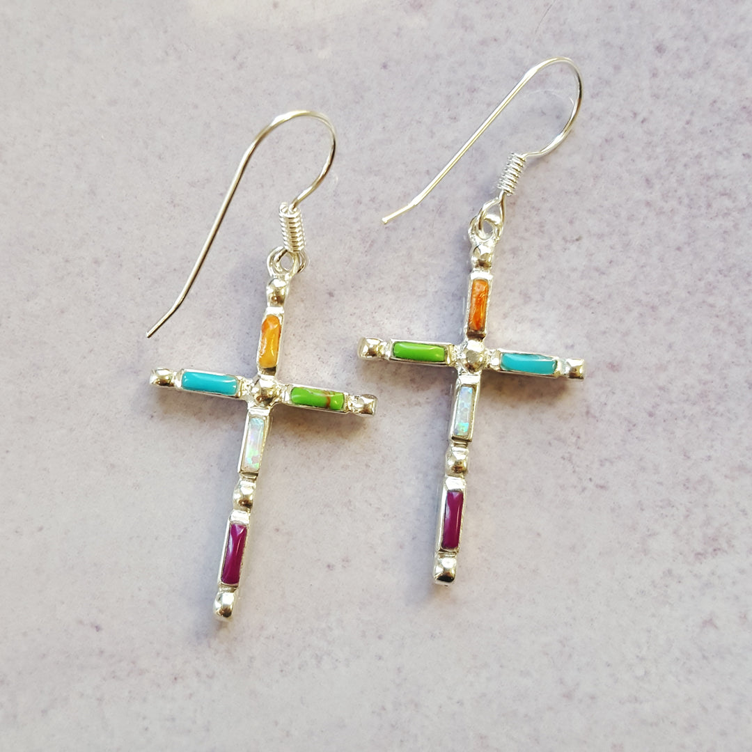 Reversible Sterling Silver Southwestern Multi Gem Cross Earrings