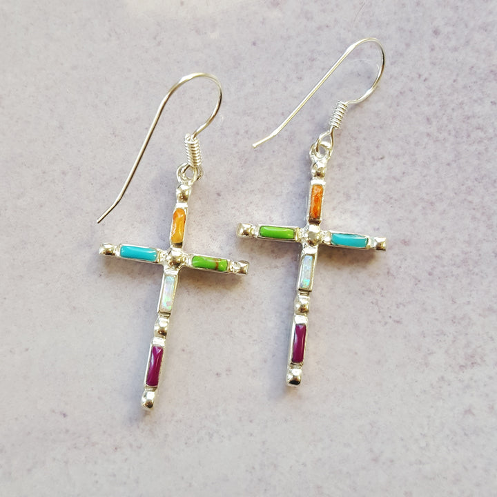 Reversible Sterling Silver Southwestern Multi Gem Cross Earrings
