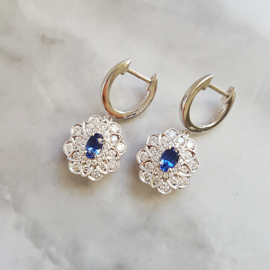 14K White Gold Sapphire and Diamond Dangle Earrings