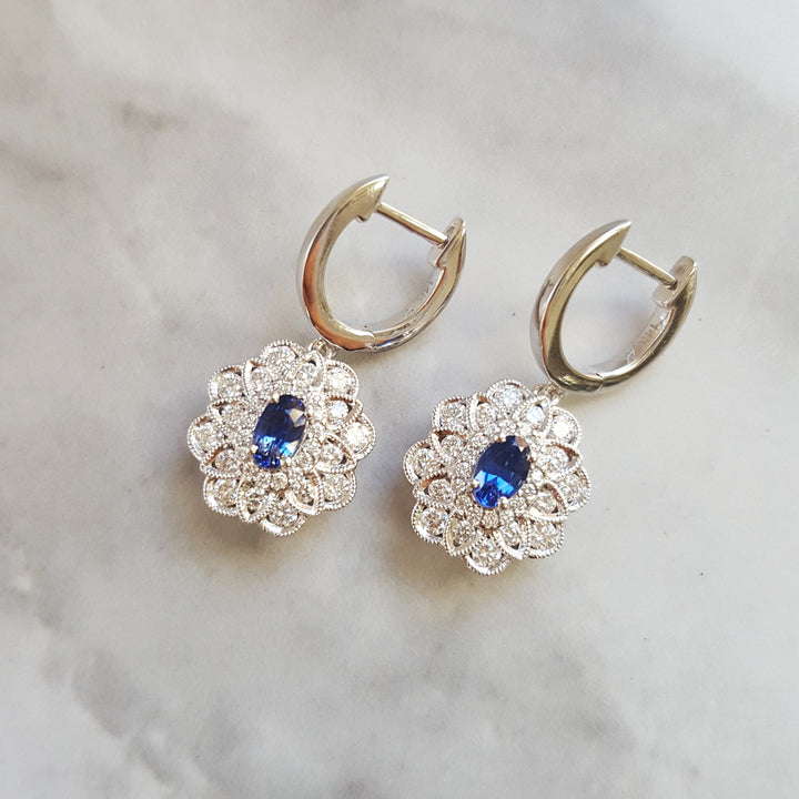 14K White Gold Sapphire and Diamond Dangle Earrings