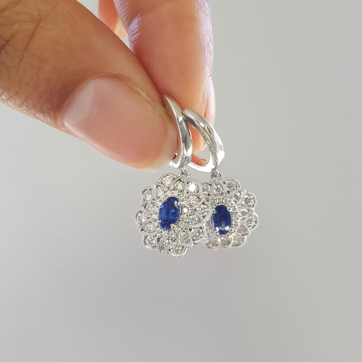 14K White Gold Sapphire and Diamond Dangle Earrings