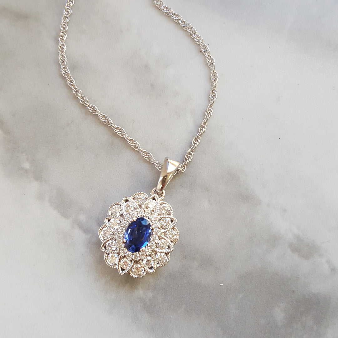 14k White Gold Sapphire and Diamond Pendant