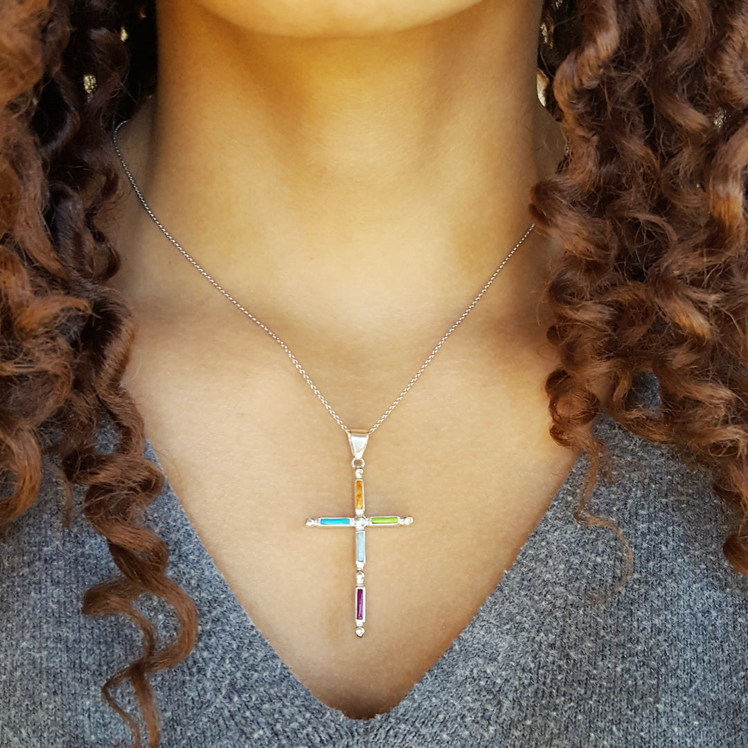 Reversible Southwestern Gem and Turquoise Cross Pendant