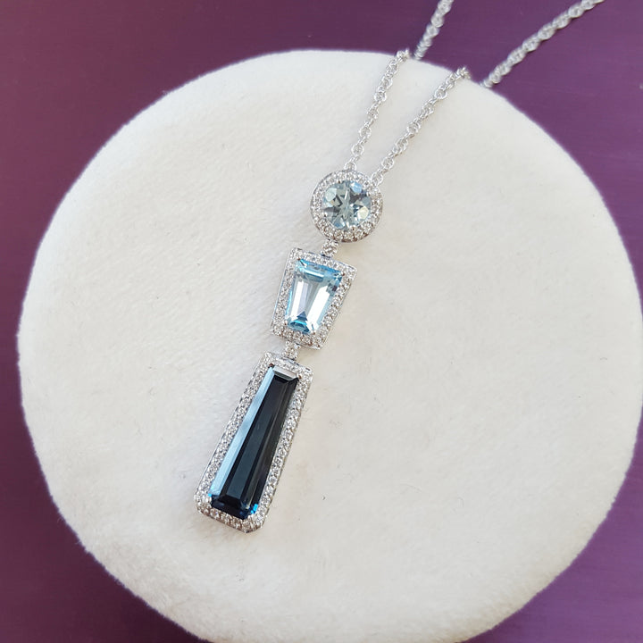 14K White Gold Geometric Blue Topaz PEndant