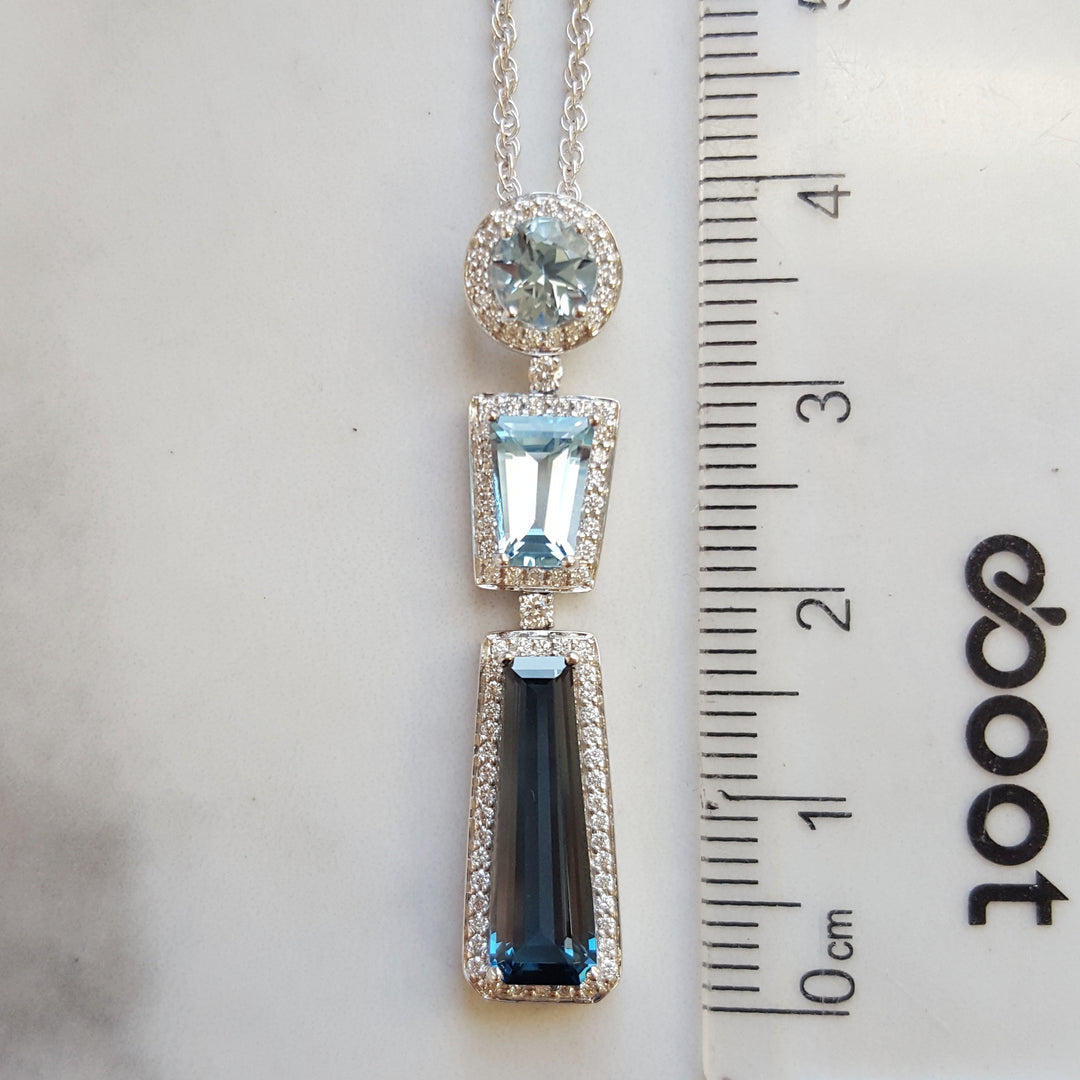 14K White Gold Geometric Blue Topaz PEndant