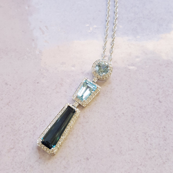 14K White Gold Geometric Blue Topaz PEndant