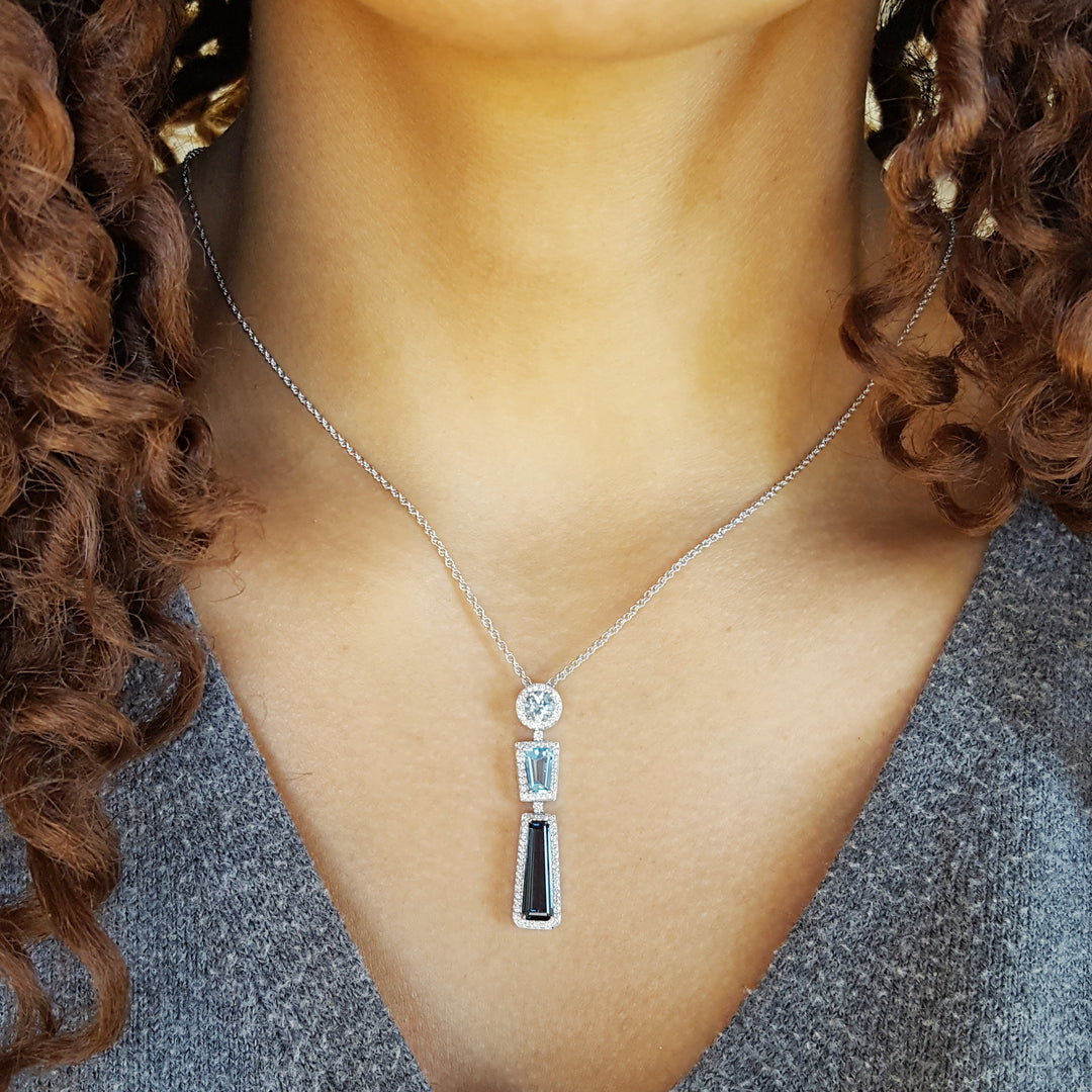 14K White Gold Geometric Blue Topaz PEndant