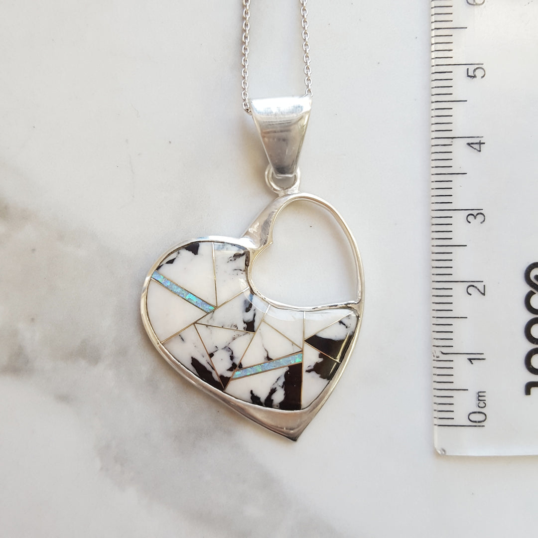 White Buffalo Turquoise & Opal Heart Pendant in Sterling Silver